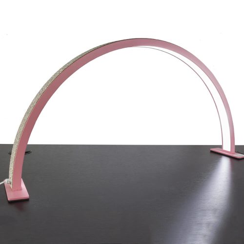 Articolo professionale per estetista e onicotecnica, una lampada LED a forma di semicerchio per lavorare sulle mani e le unghie senza punti d'ombra, colore rosa con brillantini